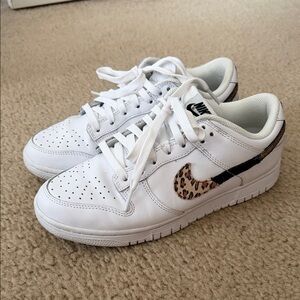 Nike White Dunk Low Sneakers with Leopard Print Swoosh